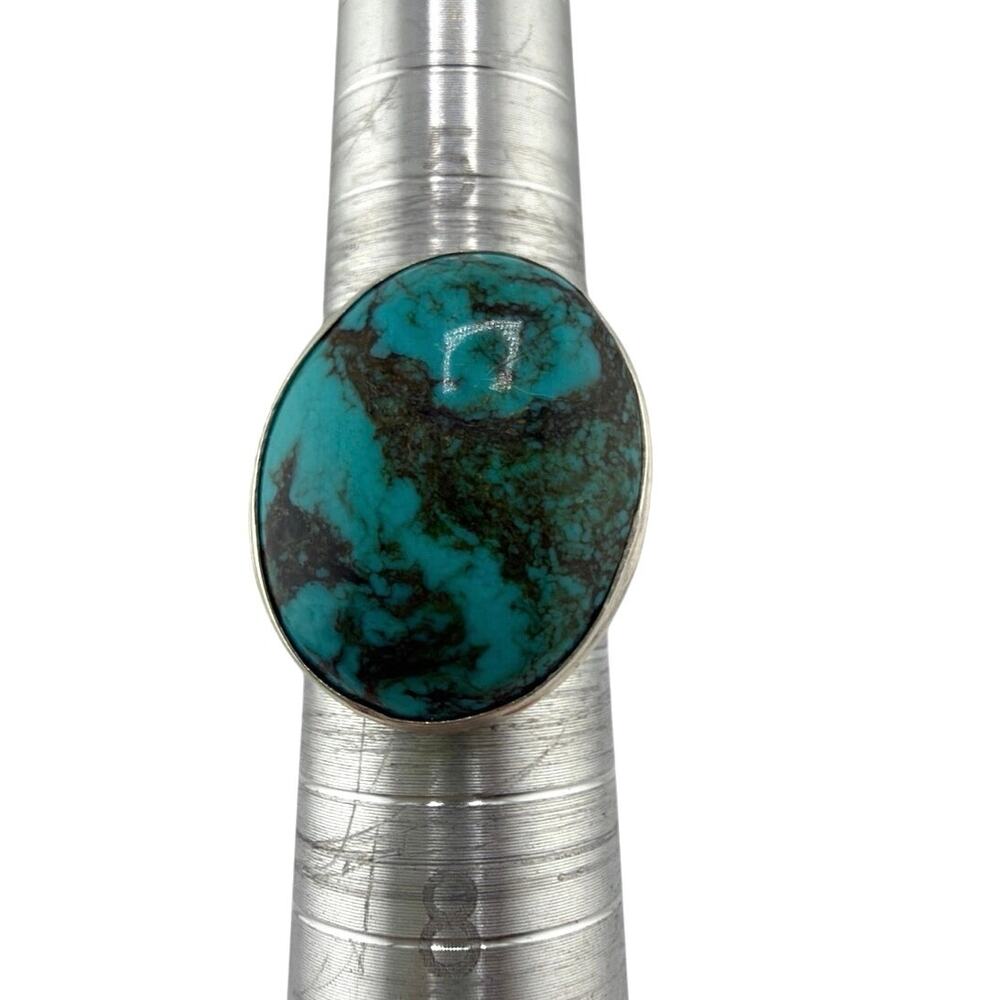 Large Oval Turquoise Matrix 925 Sterling Silver Statement Ring Size 8